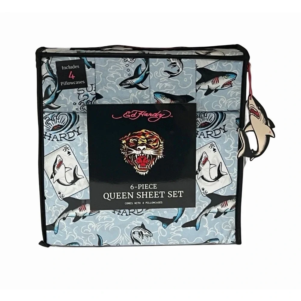 Ed Hardy Queen Blue Sheet Set 6pc Surf Shark Cards Tattoo Grunge Y2K Surfer NWT